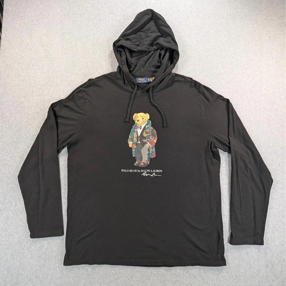 Polo Ralph Lauren Mens XL Black Polo Bear Plaid Coat Hooded T-Shirt Long Sleeve
